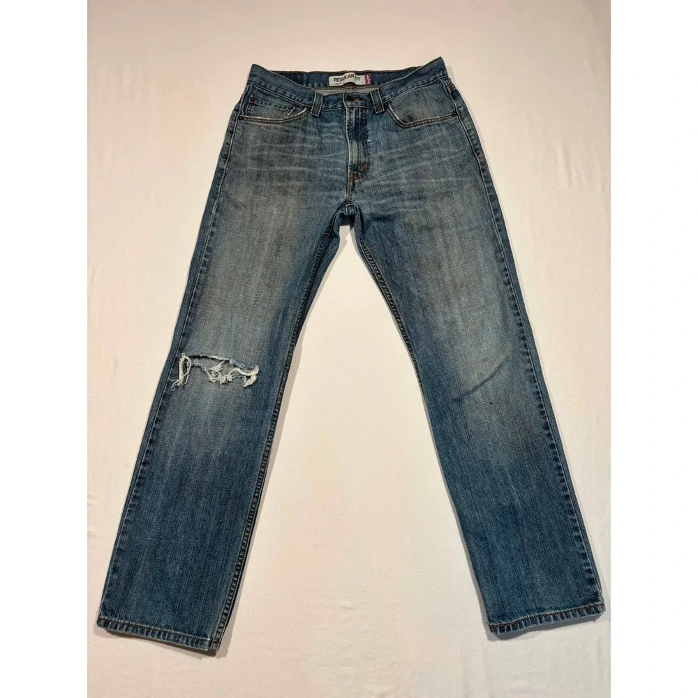 Levis 505 Regular Fit Jeans Mens W32 L32 Medium Wash Distressed Straight Leg